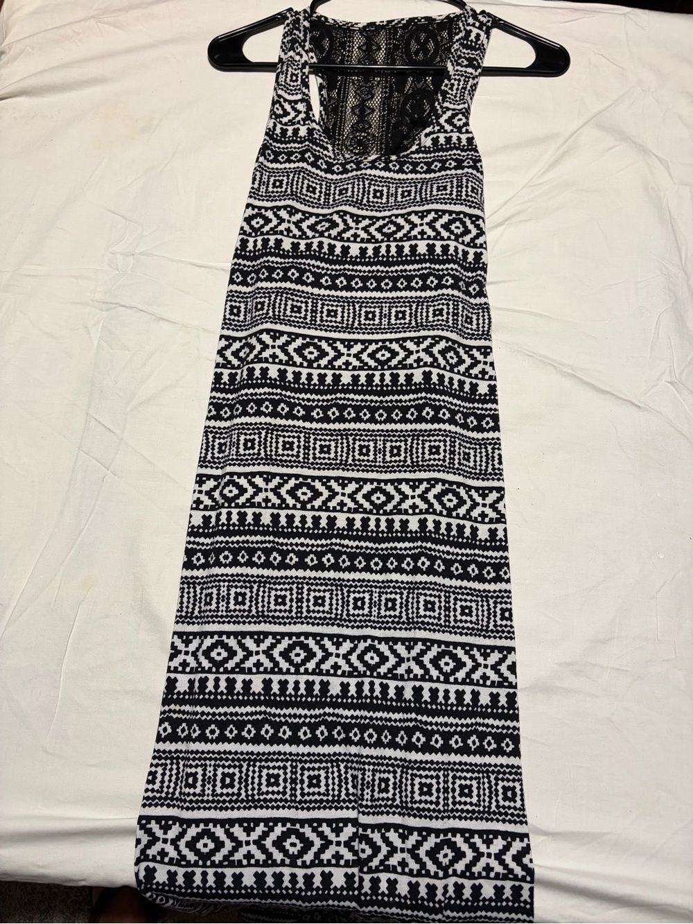 City Triangles Y2K Black White Aztec Print Maxi Tank Dress Lace Racerback S/M